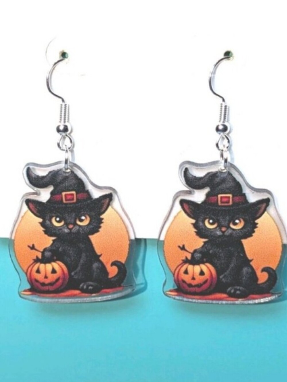 Black Cat Halloween Dangle Earrings with Pumpkin Accent